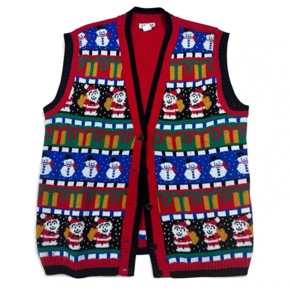 Vintage Avon Style Christmas Sweater Vest Women's 1X/2X Snowmen Santa Gifts Ugly